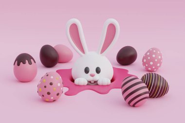 Mutlu Paskalyalar. Pembe ve çikolatalı paskalya yumurtalı şirin tavşan. Uluslararası Bahar Kutlaması. 3d oluşturma