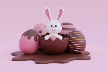 Mutlu Paskalyalar. Pembe ve çikolatalı paskalya yumurtalı şirin tavşan. Uluslararası Bahar Kutlaması. 3d oluşturma