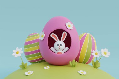 Mutlu Paskalyalar. Çiçekli ve sevimli tavşanlı renkli paskalya yumurtaları. Uluslararası Bahar Kutlaması. 3d oluşturma