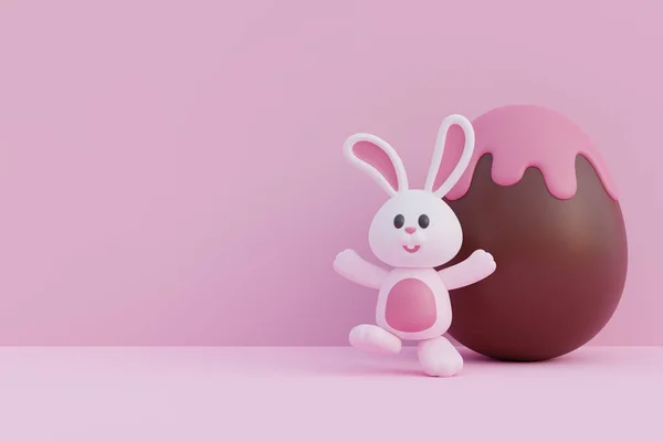 ハッピーイースターの日 ピンクとチョコレートのイースターエッグでかわいいウサギ 国際春のお祝い 3Dレンダリング — ストック写真