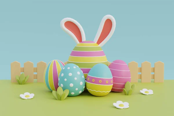 Feliz Día Pascua Huevos Coloridos Pascua Con Orejas Lindas Conejito —  Fotos de Stock