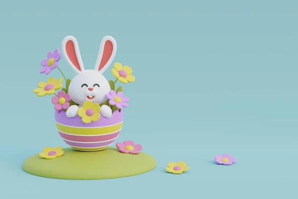复活节快乐 色彩艳丽的东方蛋 开着花 还有可爱的兔子 国际春季庆典 3D渲染 — 图库照片
