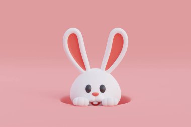 Pembe arka planda izole edilmiş şirin çizgi film tavşanı. Mutlu Paskalyalar. Uluslararası Bahar Kutlaması. 3d oluşturma