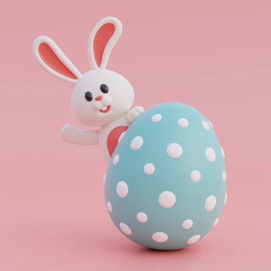Tatlı çizgi film tavşanı ve pembe arka planda izole edilmiş paskalya yumurtaları. Mutlu Paskalyalar. Uluslararası Bahar Kutlaması. 3d oluşturma