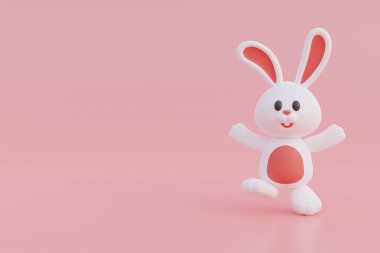 Pembe arka planda izole edilmiş şirin çizgi film tavşanı. Mutlu Paskalyalar. Uluslararası Bahar Kutlaması. 3d oluşturma