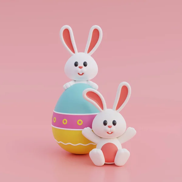 Lindo Conejito Dibujos Animados Huevos Pascua Aislados Sobre Fondo Rosa —  Fotos de Stock