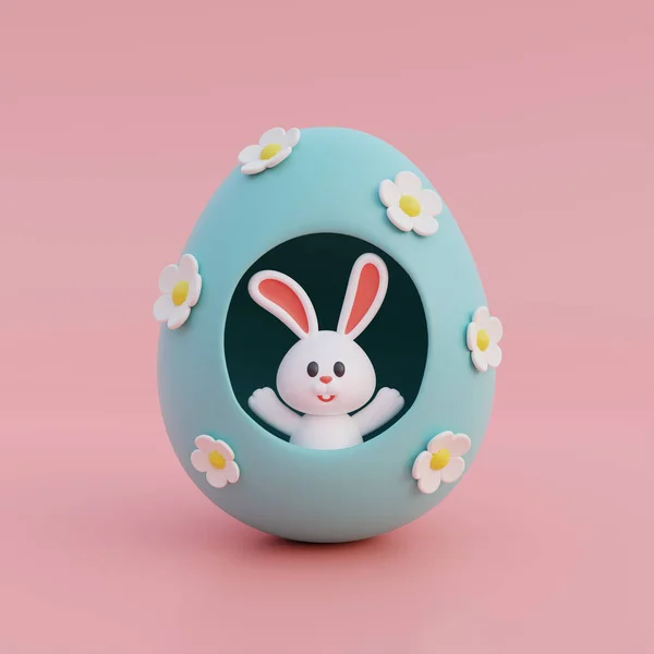 Cute cartoon bunny and easter eggs isolated on pink background. Happy Easter day. International Spring Celebration. 3d rendering