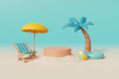 Plaj sandalyesi, şemsiyesi, hindistan cevizi ağacı ve yaz elementleriyle güneşli bir günde 3D yaz tropikal kumsalı. 3d oluşturma