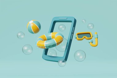 Yaz elementleri, plaj topu ve şnorkelli 3D akıllı telefon. Yaz tatili. 3d oluşturma