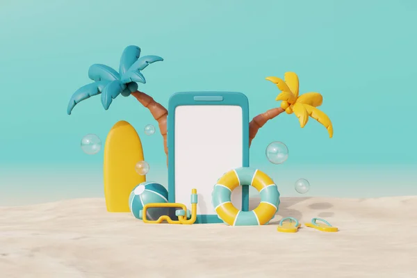 3D夏日热带沙滩阳光明媚 有智能手机 椰树和夏日元素 3D渲染 — 图库照片