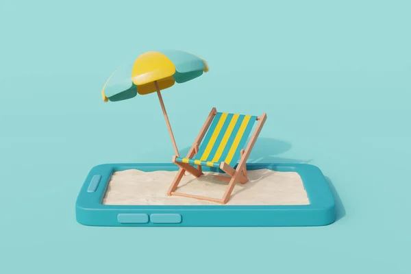 3D夏季海滩在Smartphone与海滩椅子 伞和夏季元素 3D渲染 — 图库照片