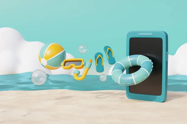 3d Smartphone with summer elements, beach ball and snorkel. Summer vacation. 3d rendering