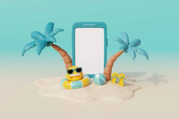 3D夏日热带沙滩阳光明媚 有智能手机 椰树和夏日元素 3D渲染 — 图库照片