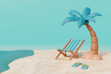 Plaj sandalyesi, şemsiyesi, hindistan cevizi ağacı ve yaz elementleriyle güneşli bir günde 3D yaz tropikal kumsalı. 3d oluşturma