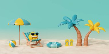 Plaj sandalyesi, şemsiyesi, hindistan cevizi ağacı ve yaz elementleriyle güneşli bir günde 3D yaz tropikal kumsalı. 3d oluşturma