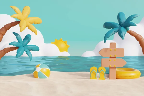 3D夏日热带沙滩阳光明媚 有椰子树和夏日元素 3D渲染 — 图库照片