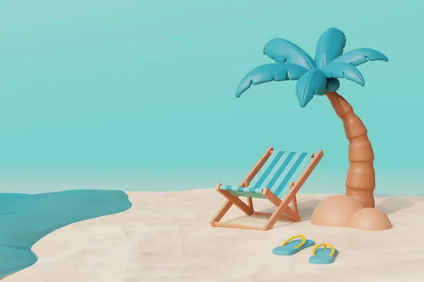 3D夏日热带沙滩阳光明媚 有沙滩椅 椰树和夏日元素 3D渲染 — 图库照片