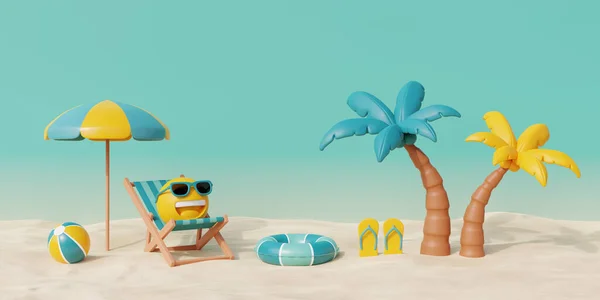 3D夏日热带沙滩阳光明媚 有沙滩椅 椰树和夏日元素 3D渲染 — 图库照片