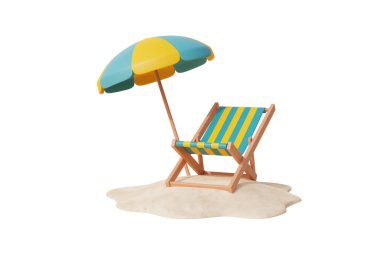 3D plaj sandalyesi ve şemsiye, güneşli bir günde tropikal kum plajı. Yaz tatili. 3d oluşturma