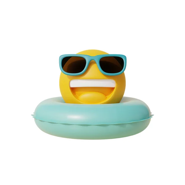 Smiley Personagem Vestindo Óculos Sol Com Anel Inflável Praia Areia — Fotografia de Stock