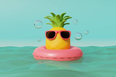 3D ananas güneş gözlüğü takıyor ve şişme yüzük denizde yüzüyor güneşli bir günde yaz tropik plajı. Yaz tatili. 3d oluşturma