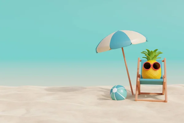 3D菠萝头戴太阳镜 头戴沙滩椅和雨伞 夏日热带海滩阳光明媚 3D渲染 — 图库照片