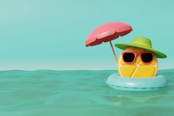 3D柠檬头戴太阳镜 带着充气环漂浮在海面上 夏日热带海滩阳光灿烂 3D渲染 — 图库照片