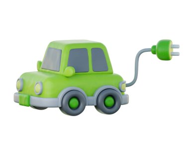 3d Yeşil elektrikli araba, Temiz Enerji, Çevresel Alternatif Enerji, karikatür tarzı, 3D görüntüleme.