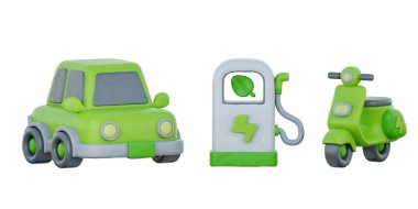 3d Yeşil elektrikli araba ve scooter şarj standı, Temiz Enerji, Çevresel Alternatif Enerji, karikatür tarzı, 3D canlandırma.