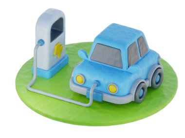 3D yeşil elektrikli araba şarj standı, Temiz Enerji, Çevresel Alternatif Enerji, karikatür tarzı, 3D görüntüleme