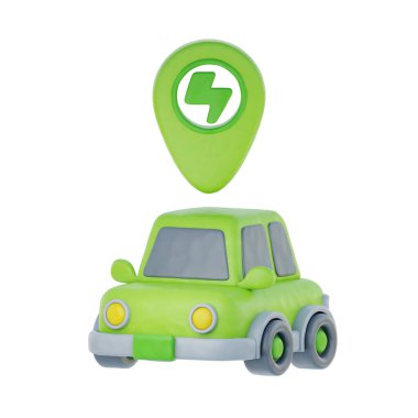 3d Yeşil elektrikli araba, Temiz Enerji, Çevresel Alternatif Enerji, karikatür tarzı, 3D görüntüleme.