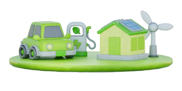 Voiture Électrique Maison Écologique Avec Panneaux Solaires Éoliennes Énergie Alternative — Photo