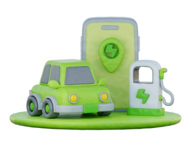3d Electric charging point application with electric car, Environmental Alternative Energy, cartoon style, 3d rendering.