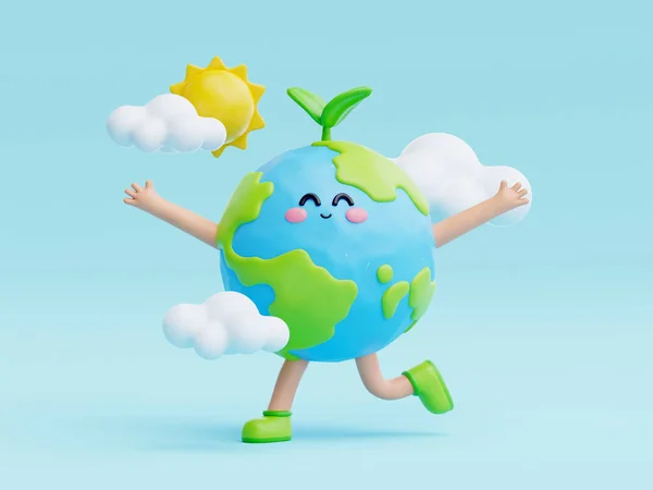3D cute earth cartoon character, world Environment day, save planet and energy, eco friendly, 3d rendering