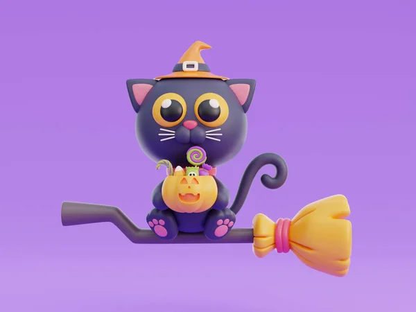 3D cute Halloween black cat cartoon character, trick or treat party, october holiday, 3d rendering