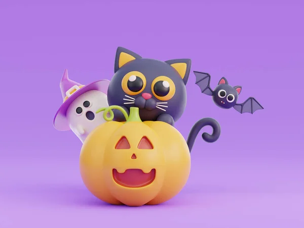 3D cute Halloween black cat cartoon character, trick or treat party, october holiday, 3d rendering