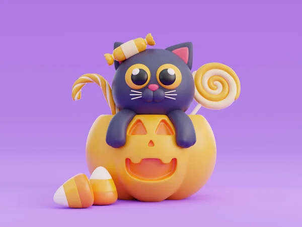 Bonito Halloween Gato Preto Personagem Desenho Animado Truque Festa Deleite — Fotografia de Stock