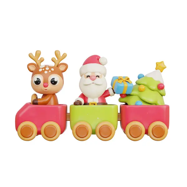 3D圣诞玩具火车与驯鹿 圣诞老人和礼物 圣诞快乐和新年快乐 3D渲染 — 图库照片