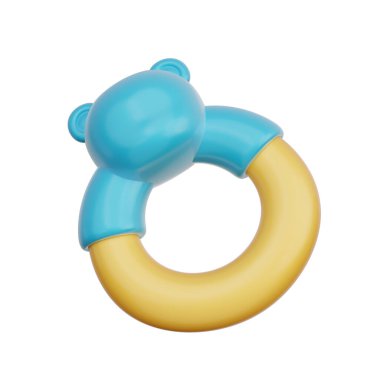 3D mavi bebek diş çıkarma yüzüğü, bebek cinsiyeti, bir oğlan, doğum günü partisi, 3D görüntüleme.