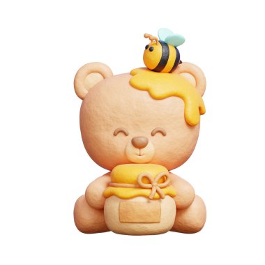 3 Boyutlu tatlı ayı, ballı kavanoz, bahar mevsimi, 3D görüntüleme..