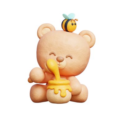 3 Boyutlu tatlı ayı, ballı kavanoz, bahar mevsimi, 3D görüntüleme..