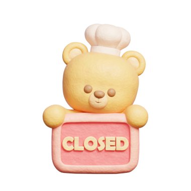 3D Sevimli Ayı, şefin üniformasını giyiyor. Kapalı tabela taşıyor.