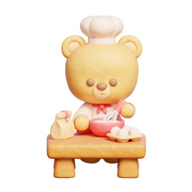 3D Şirin Ayı aşçı üniforması giyer fırın pişirir.