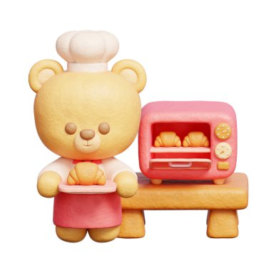 3D Şirin Ayı aşçı üniforması giyer fırın pişirir.