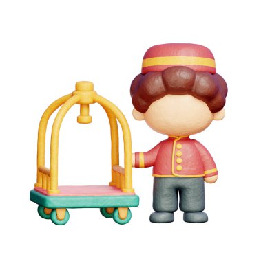 Trolley valizli bellboy, otel ve servis, konukseverlik, 3D görüntüleme.