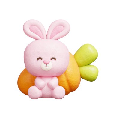 Havuçlu 3 boyutlu şirin tavşan, çizgi film karakteri, 3 boyutlu çizim.