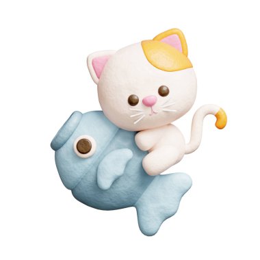 Balıklı 3 boyutlu şirin kedi, çizgi film karakteri, 3 boyutlu çizim.