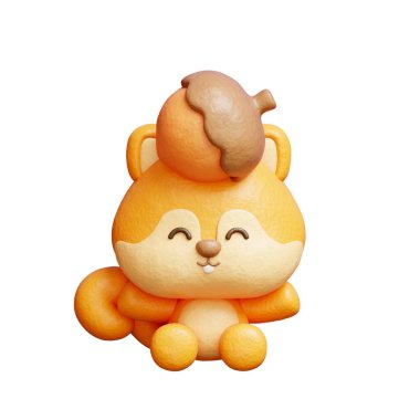 3 boyutlu sevimli sincap meşe palamudu, karikatür hayvan karakteri, 3 boyutlu çizim