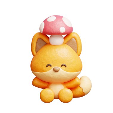 Mantarlı 3 boyutlu şirin tilki, çizgi film karakteri, 3 boyutlu canlandırma.