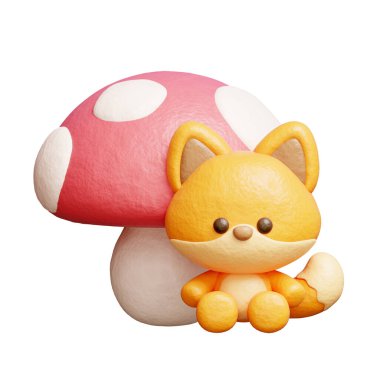 Mantarlı 3 boyutlu şirin tilki, çizgi film karakteri, 3 boyutlu canlandırma.